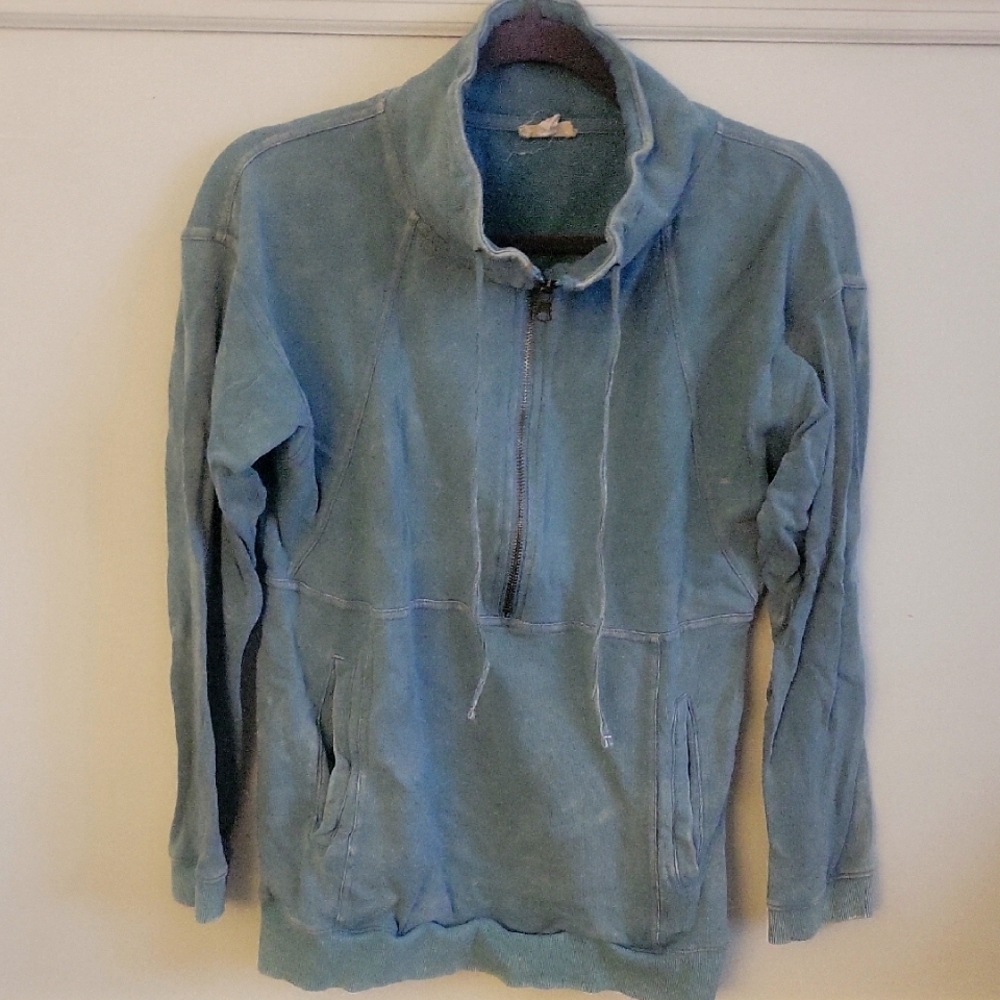 Hem & Thread Half-Zip PulloverStone Wash 100% Cotton Teal Sweatshirt Size Small